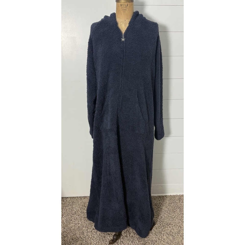 Barefoot Dreams CozyChic Lounger Hooded Zip Robe Long Sleeve Solid Blue Size 4